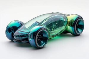 ai generado futurista verde deporte juguete coche aislado en un blanco antecedentes. caricaturesco vehículo diseñado para niños. concepto de niños simpático juguetes, juguetón diseños, temática de transporte juguetes foto