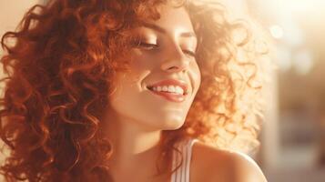 AI generated Portrait of a woman with curly hair with natural makeup in the sunlight. Happy lady enjoying the sun. Banner with copy space. Ideal for beauty or hair care advertisements. photo