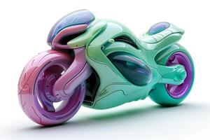 AI generated Futuristic green purple toy motorbike isolated on a white background. Concept of kids friendly toys, transport-themed playthings, playful modern designs, and bright colors. photo