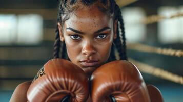 AI generated African American confident female boxer with boxing gloves in boxing ring. Close up. Concept of female strength, combat training, and athletic discipline. photo
