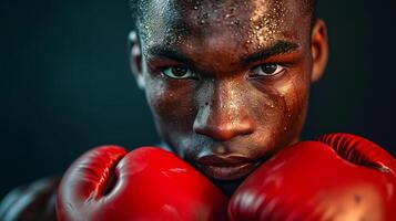 ai generado africano americano Boxer con rojo guantes y intenso mirada orientado arriba para boxeo. concepto de atlético determinación, combate Deportes, enfocado capacitación, y boxeo disciplina. foto