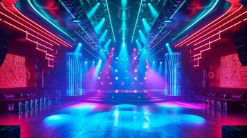 AI generated Bright Modern futuristic concert stage with dynamic neon red blue illumination. Modern Night Club. Concept of virtual reality events, futuristic concerts, and high tech stage design photo