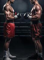 AI generated Two male boxers facing off, intense pre-fight atmosphere. Concept of competition, athletic challenge, and mental preparation in sports. photo