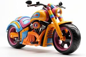 AI generated Futuristic toy motorbike isolated on a white background. Concept of kids friendly toys, transport-themed playthings, playful modern designs, and bright colors. photo