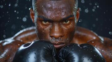 ai generado africano americano Boxer con negro guantes y intenso mirada orientado arriba para boxeo. concepto de atlético determinación, combate Deportes, enfocado capacitación, y boxeo disciplina. foto