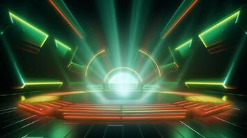 AI generated Modern futuristic concert stage with dynamic neon green illumination. Modern Night Club. Concept of virtual reality events, futuristic concerts, and high tech stage design photo