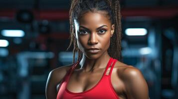 AI generated Athletic African American woman wearing a red top in a gym setting. Concept of determination, fitness dedication, and empowerment. photo
