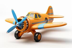 AI generated Futuristic yellow blue toy airplane isolated on a white background. Concept of kids friendly toys, aviation playthings, playful designs, and bright colors. photo