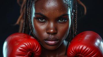 AI generated Young African American female boxer with red gloves on a dark background. Close up. Concept of female strength, combat training, and athletic discipline. photo