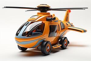 AI generated Futuristic orange toy helicopter isolated on a white background. Concept of kids friendly toys, aviation playthings, playful designs, and bright colors. photo