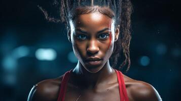 AI generated Young African American confident female boxer in a boxing ring. Close up. Concept of female strength, combat training, and athletic discipline. photo