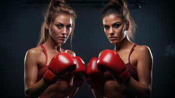 AI generated Two young female boxers in sportswear and boxing gloves, serious and ready. Concept of female strength, teamwork, and readiness in sports. photo