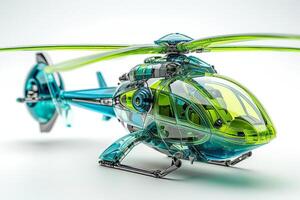 AI generated Futuristic green blue toy helicopter isolated on a white background. Concept of kids friendly toys, aviation playthings, playful designs, and bright colors. photo