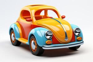 ai generado fantasía naranja juguete coche aislado en un blanco antecedentes. caricaturesco vehículo diseñado para niños. concepto de niños simpático juguetes, juguetón diseños, temática de transporte juguetes foto