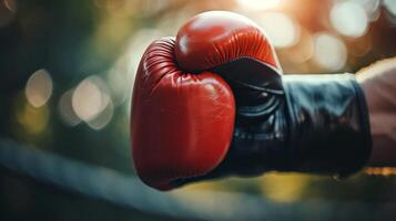 AI generated Red boxing glove in focus with a natural bokeh background. Close up. Copy space. Concept of focus, strength, and boxing training in a natural setting photo