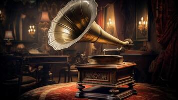 AI generated Retro gramophone with golden horn on blurred background of living room. Can be used in article, blog, website about vintage music players, antique collections, historical content photo