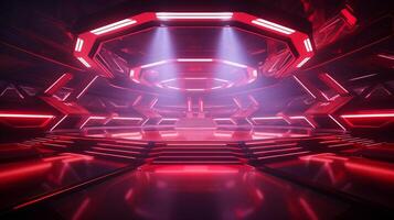 AI generated Modern futuristic concert stage with dynamic neon red illumination. Modern Night Club. Concept of virtual reality events, futuristic concerts, and high tech stage design photo