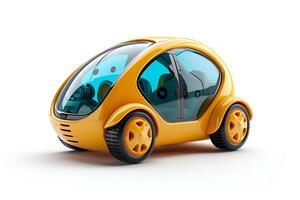 ai generado futurista compacto juguete coche en blanco antecedentes. moderno pequeño autónomo vehículo diseño. juguete eléctrico coche. concepto de futuro urbano transporte, eco simpático automóviles, niños simpático juguetes foto