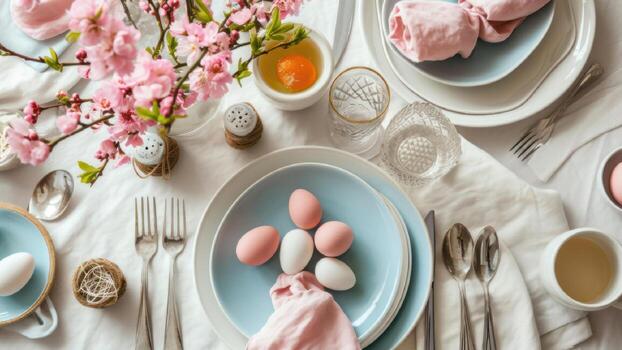 AI generated Pastel Easter table setup with painted eggs and spring flowers. Top view. Pink colors. Festive dinner photo