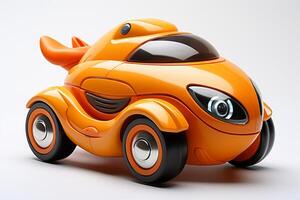 ai generado fantasía naranja juguete coche aislado en un blanco antecedentes. caricaturesco vehículo diseñado para niños. concepto de niños simpático juguetes, juguetón diseños, temática de transporte juguetes foto