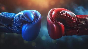 AI generated Impact moment between red and blue boxing gloves, dynamic moment. Fist bump. Concept of competition, opposing forces, training, sport competition, and the dynamic nature of boxing photo