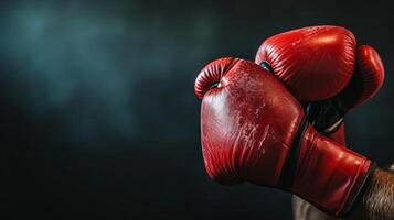 AI generated Red boxing gloves in focus on a dark textured background. Banner with copy space. Close up. Concept of focus, strength, and boxing training photo