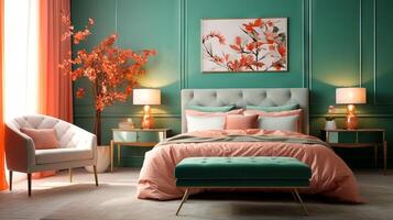 AI generated Contemporary bedroom interior with emerald walls, upholstered bed, and vibrant Peach accents. Use for home decoration sites, furniture catalogs, and design inspiration photo