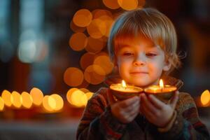 AI generated Kid holding in hands glowing candles with blurred bokeh background. Copy space. Ideal for holiday themes, Easter celebrations, religious, spiritual content, or candle safety awareness. photo