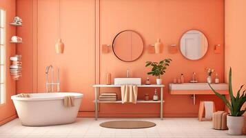 AI generated Elegant bathroom illuminated by natural light. In a fashionable trendy color Peach. Perfect for home renovation ideas, lifestyle editorials, and boutique hotel brochures photo