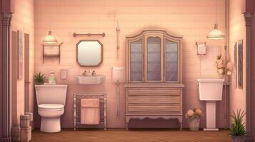 AI generated Victorian style restroom room in trendy Peach color. Suitable for antique themed spaces, traditional home bathrooms, and elegant design showcases photo