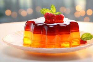 AI generated Yummy Red yellow jelly adorned with raspberries. Sweet fruit dessert. For use in culinary websites, food blogs, catering services, recipe books, and dessert menus. photo