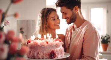 AI generated Smiling couple with a birthday cake adorned with lit candles. photo
