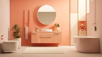 AI generated Minimalist modern bathroom design in a fashionable trendy color Peach. Great for bathroom design features, home renovation articles, and spa advertisements photo