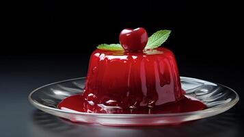 AI generated Vibrant red jelly served on a glass dish, adorned with a cherry. Sweet fruit dessert. For use in culinary websites, food blogs, catering services, recipe books, and dessert menus. photo