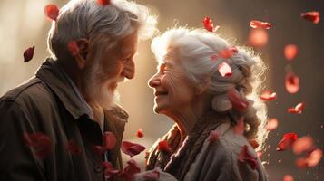 AI generated Affectionate elderly couple amidst soft background of red rose petals, evoking everlasting love. Perfect for greeting cards and sentimental themes. Valentines day. photo