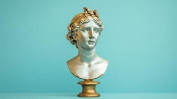 AI generated Gold antique statue of a female head on light blue solid background. Ideal for contemporary art projects photo