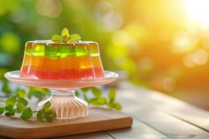 AI generated Colorful jelly on light blurred background. Sweet fruit dessert. For use in food blogs, catering services, recipe books, dessert menus. With copy space. photo