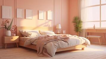 AI generated Stylish bedroom interior with natural light. In a fashionable trendy color Peach. Perfect for interior design, real estate, home decor advertisements, boutique hotels photo