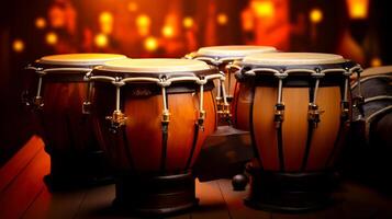 AI generated Conga drums on stage, lit by warm stage lights with bokeh effect. Ideal for music themed projects and performance promotions. Traditional percussion musical instrument of Afro-Cuban. photo