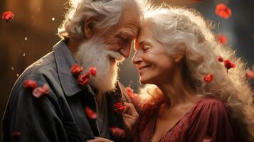 AI generated Elderly couple amidst soft background of red rose petals, evoking everlasting love. Concept of love, affection, fidelity, tenderness. Valentines day. photo