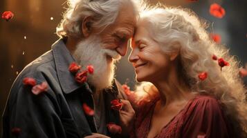 ai generado mayor Pareja en medio de suave antecedentes de rojo Rosa pétalos, evocando eterno amor. concepto de amar, afecto, fidelidad, sensibilidad. san valentin día. foto