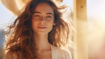 ai generado joven hermosa mujer con natural maquillaje en el luz de sol. contento dama disfrutando el Dom. bandera con Copiar espacio. ideal para belleza, bienestar, estilo de vida campañas foto