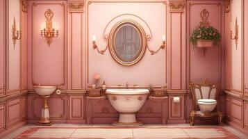 AI generated Rococo-inspired restroom with trendy Peach color walls, gilded accents, and a decorative mirror. Ideal for luxury boutique hotels, event venues, and upscale bathroom design photo