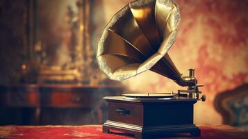 AI generated Vintage gramophone with golden horn illuminated by soft lighting. Can be used in articles, blogs, websites about vintage music players, antique collections, or historical content photo