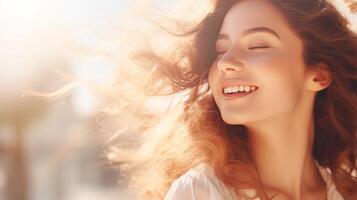 ai generado joven hermosa mujer con natural maquillaje en el luz de sol. contento dama disfrutando el Dom. bandera con Copiar espacio. ideal para belleza, bienestar, estilo de vida campañas o pelo foto