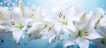 AI generated White lilies under light blue clear water with bubbles and droplets. Banner with copy space. Perfect for poster, greeting card, event invitation, promotion, advertising, print photo