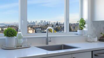 AI generated Chic kitchen interior featuring a cityscape through big windows, accented with modern fixtures. Perfect for architectural content, luxury apartment promotions, and urban photo