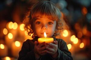 AI generated Kid holding lit candle with awe in eyes, in church setting. Light casting a soft glow on his face. Suitable for Easter festive celebrations, religious event programs, spiritual blogs photo