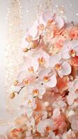 AI generated Peach white orchids bouquet on light background with glitter and bokeh. Banner with copy space. Perfect for poster, greeting card, event invitation, promotion, advertising, elegant design photo