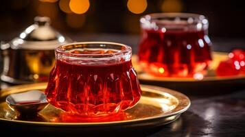 ai generado carmesí gelatina en texturizado vaso en contra un borroso ligero fondo. ideal para culinario blogs, fiesta comida artículos, postre anuncios foto